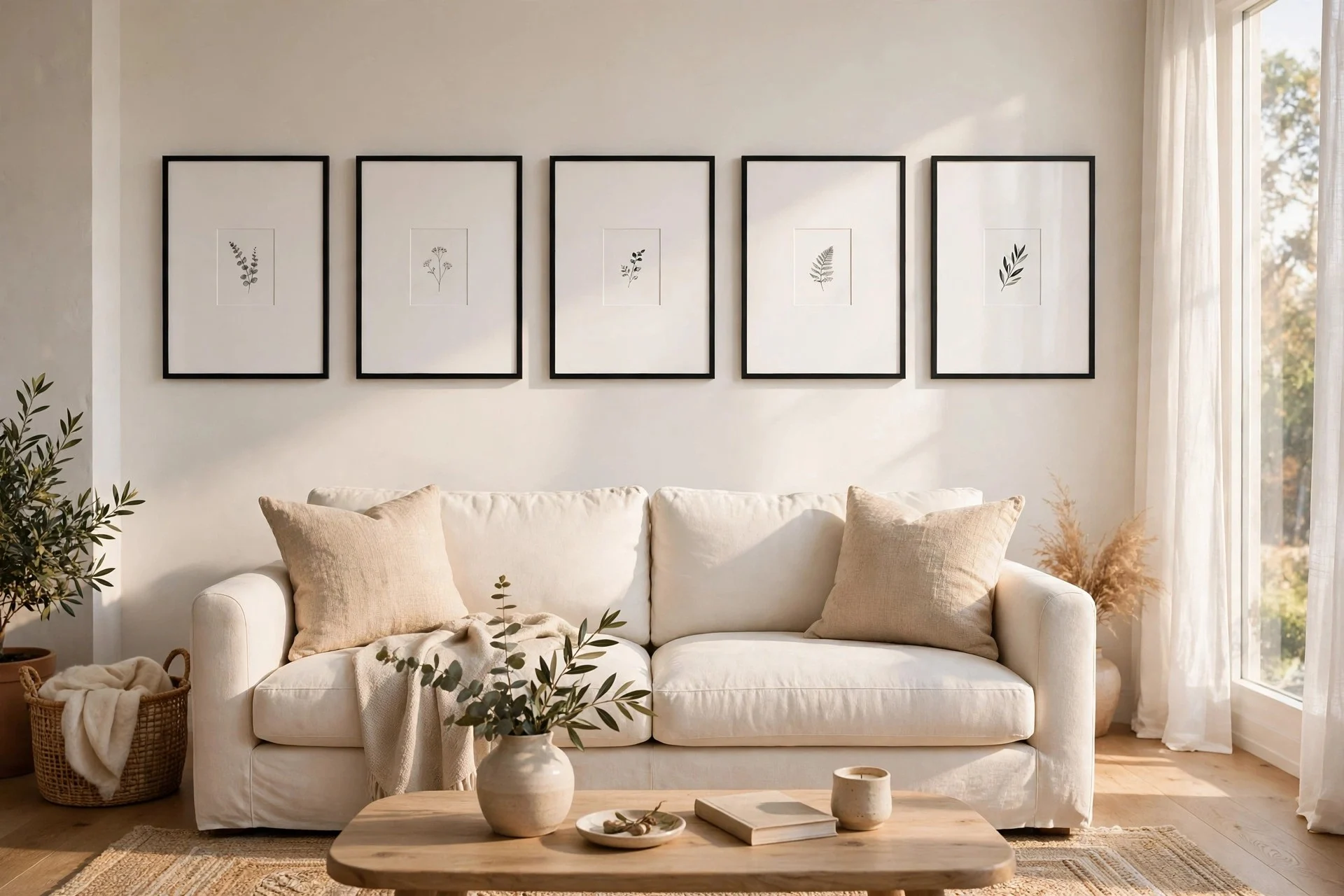 Tan leather sofa with botanical prints in warm oak wood frames