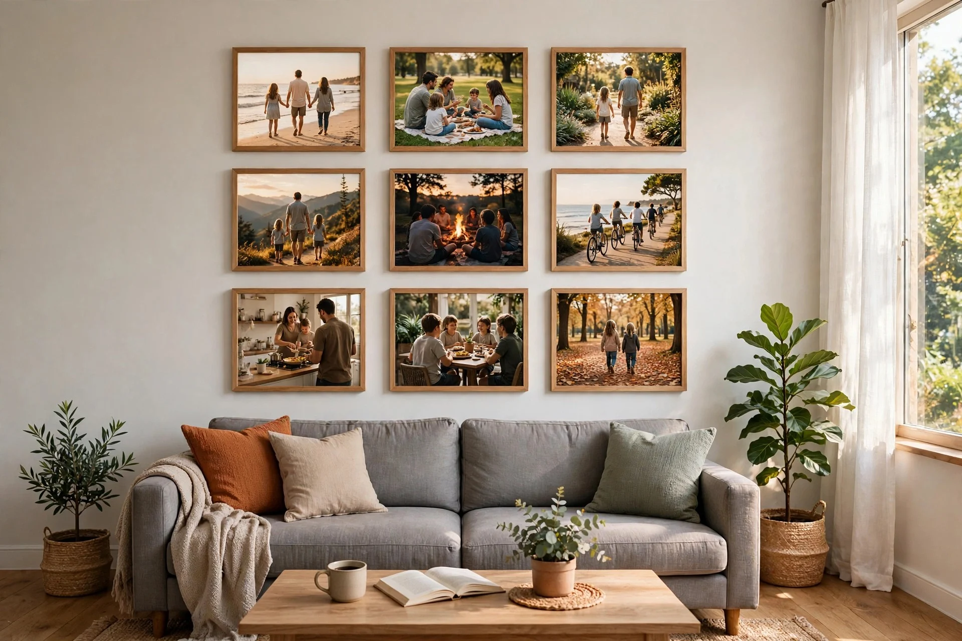 Gray fabric sofa with matching square framed family photos in a loose grid