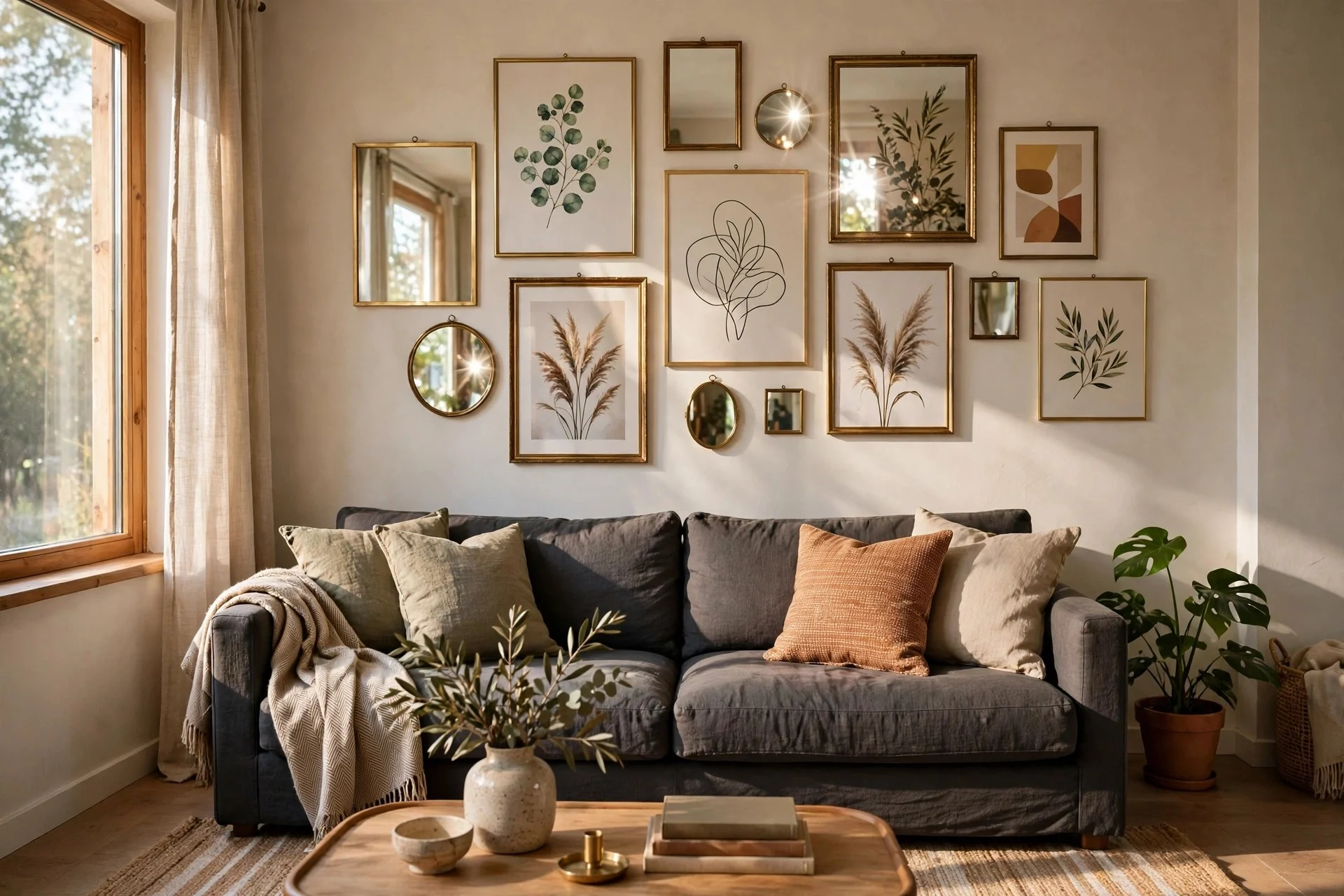 Blue velvet sofa with a large vintage map and small travel photos around it