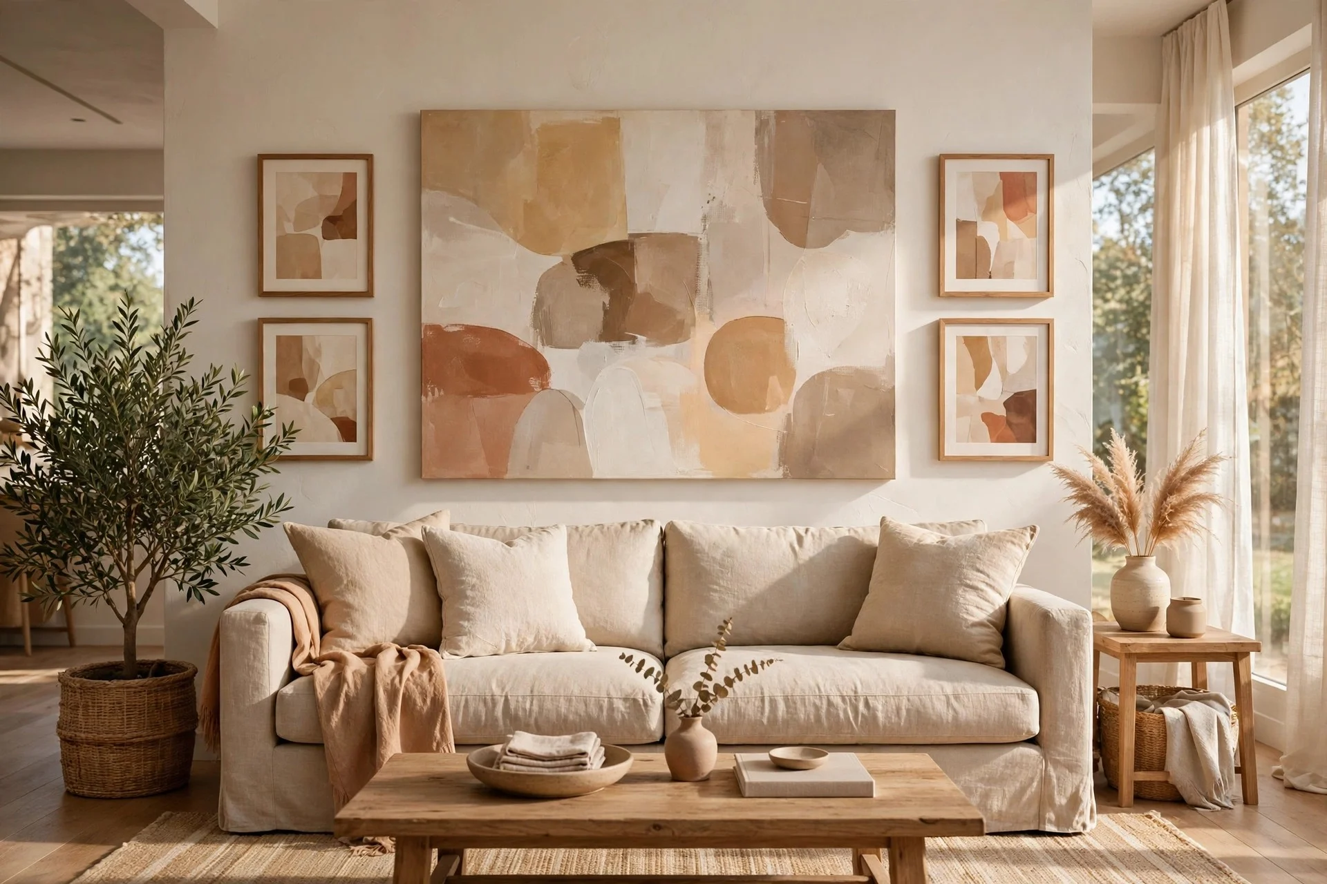 Beige linen sofa with one large abstract canvas flanked by smaller framed art