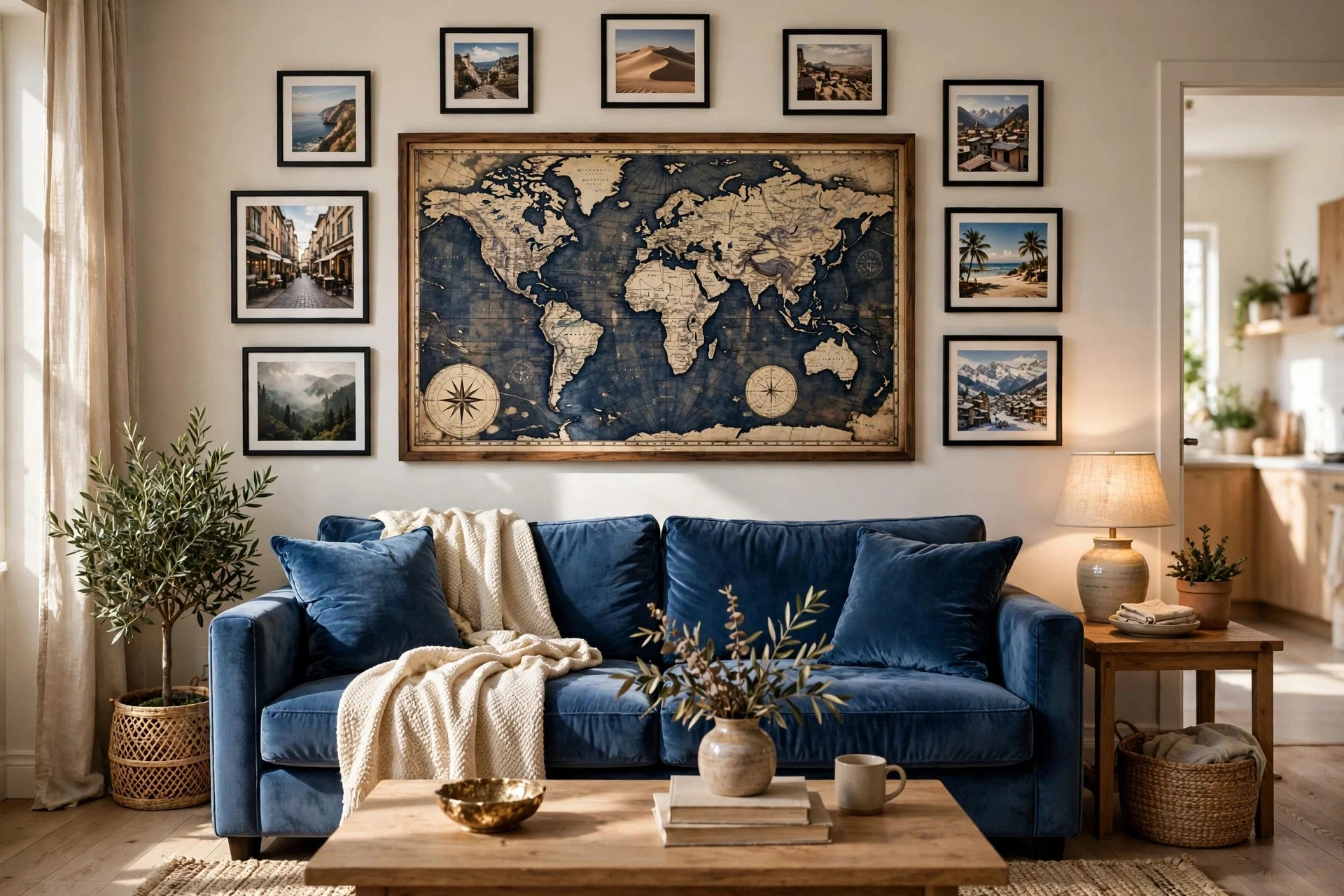 Slate gray sofa with custom hardwood framed art prints in an elegant row