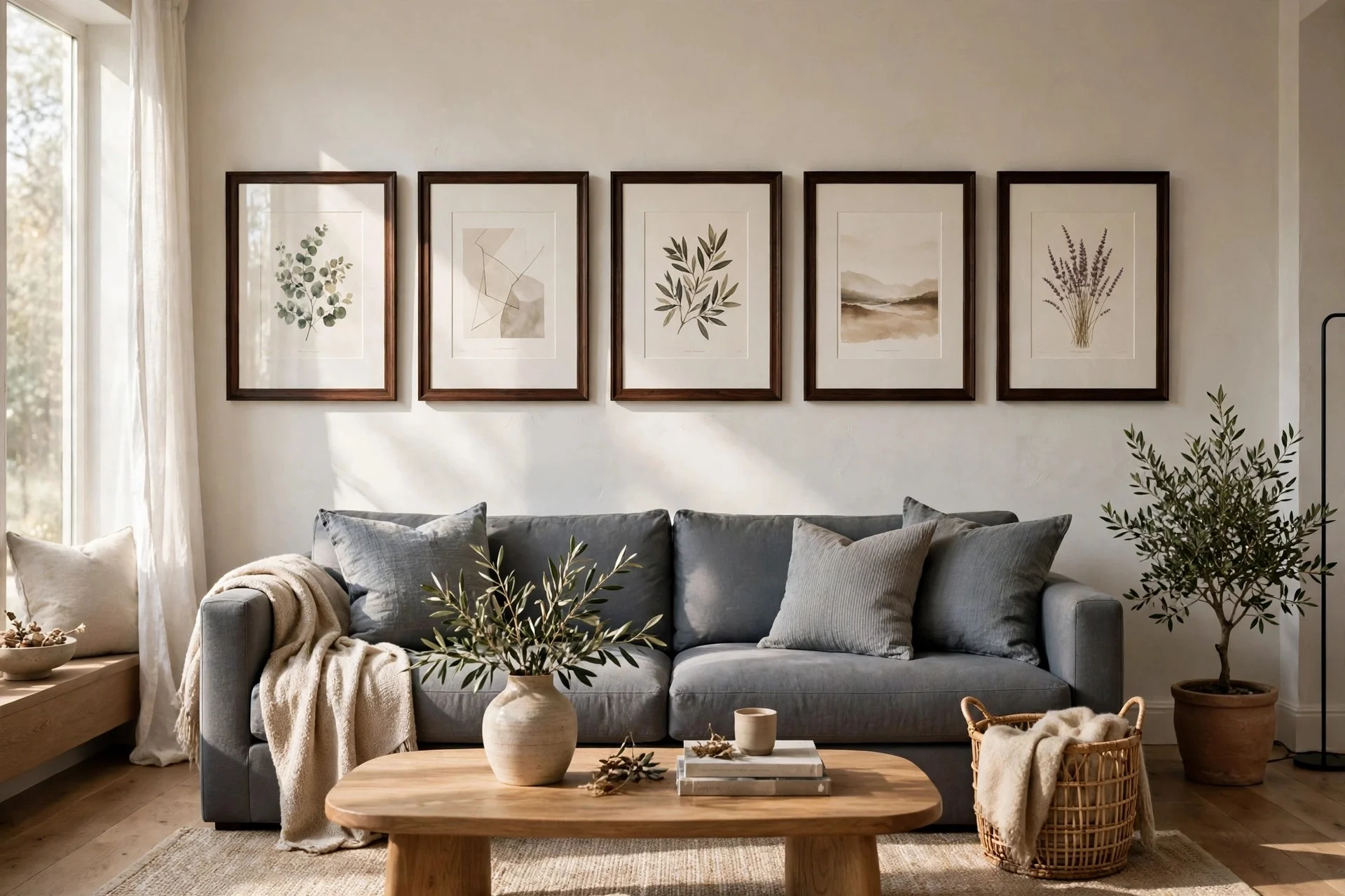 Charcoal sofa with gold brass frames and small mirrors in an elegant gallery