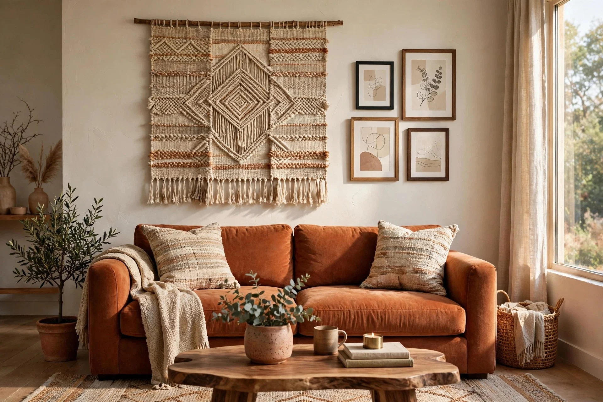 Terracotta sofa with a woven textile hanging beside small framed artworks