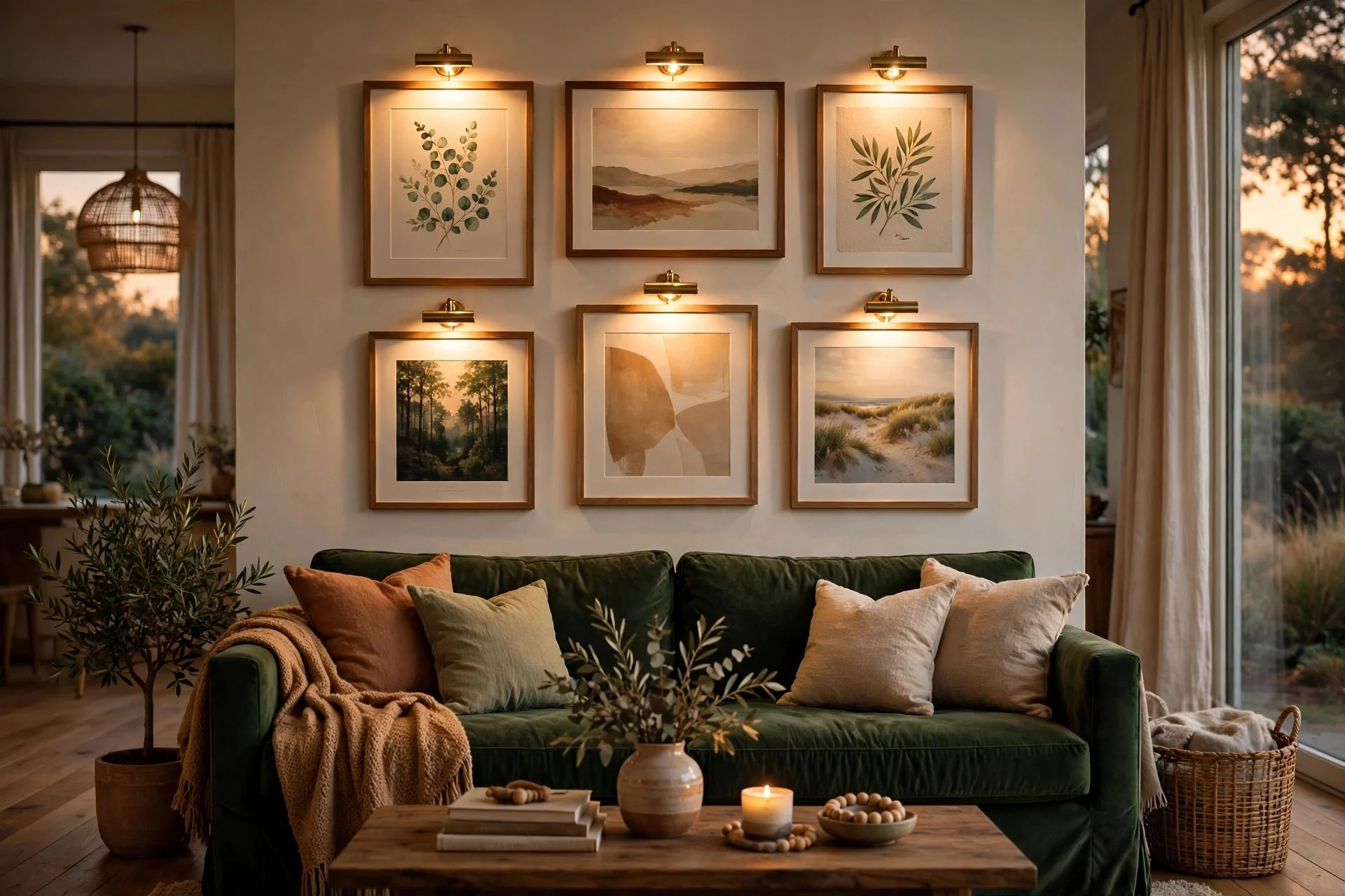 Forest green sofa with framed art gallery wall illuminated by picture lights