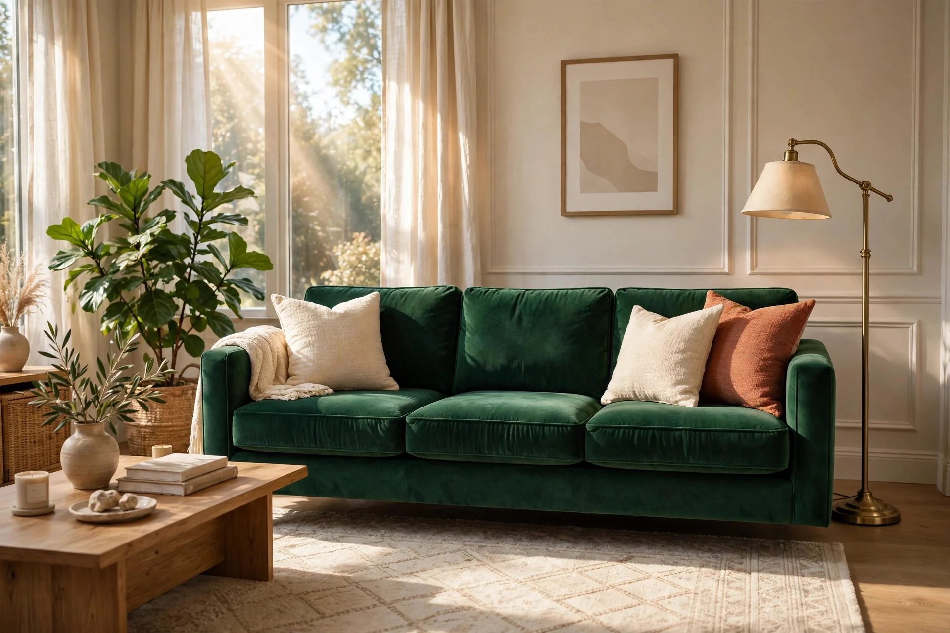 Emerald green velvet sofa in a sunlit living room with brass lamp