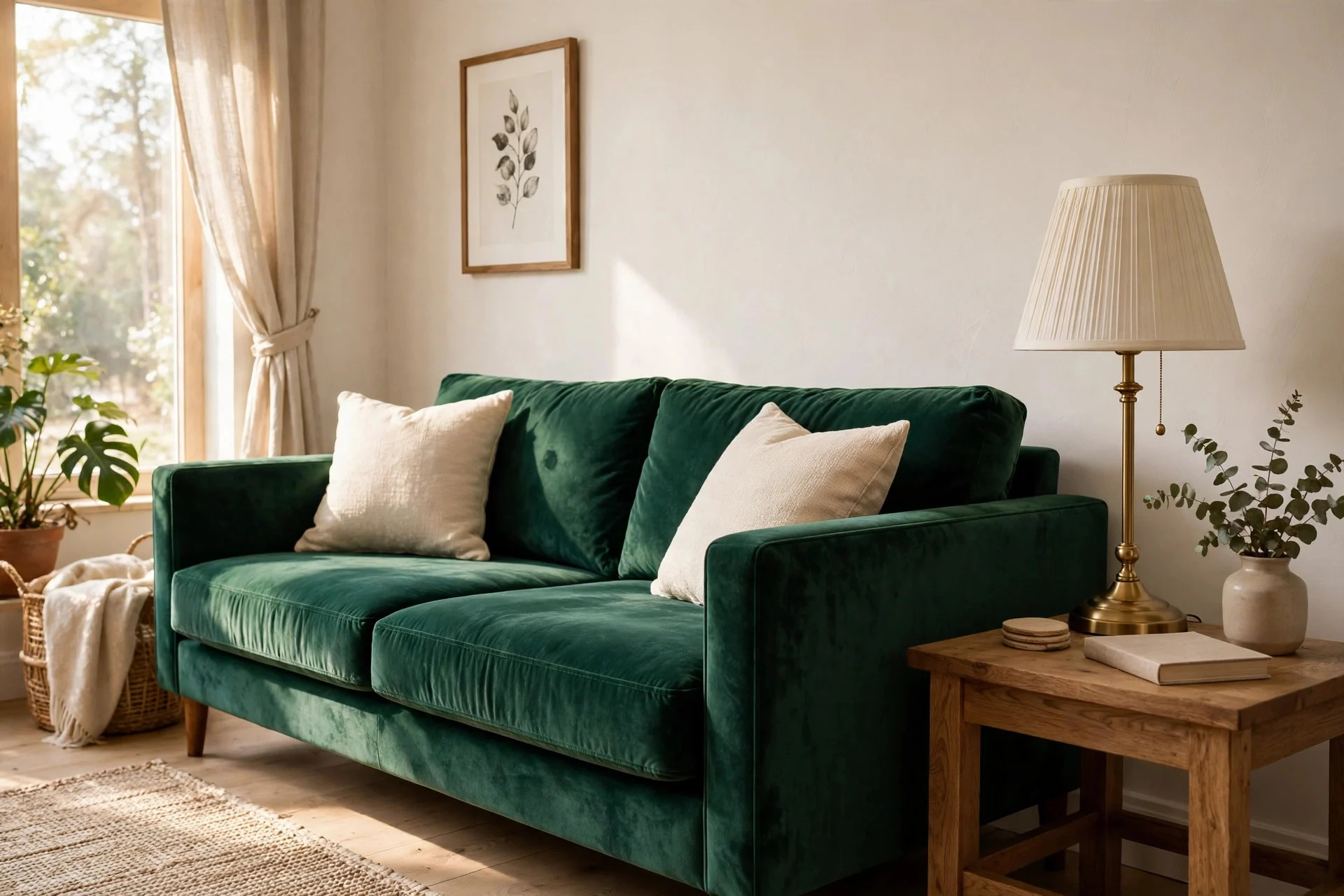 Emerald green velvet sofa against warm white walls with brass lamp