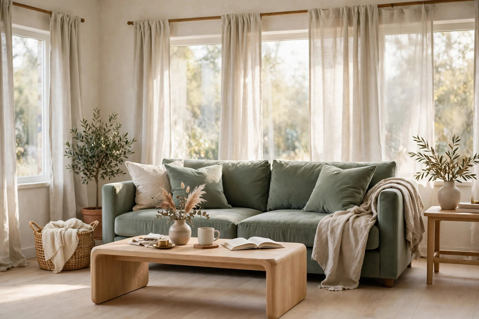 Sage green velvet sofa with light oak coffee table and linen curtains