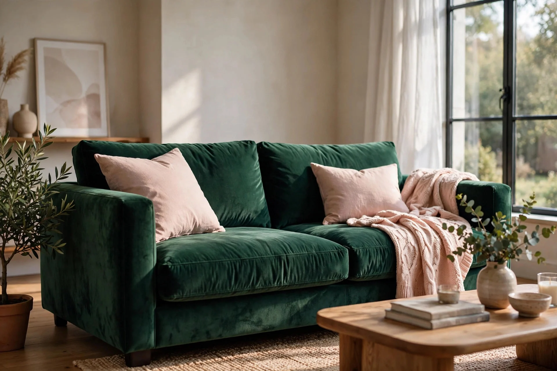 Deep green velvet sofa styled with blush pink throw pillows