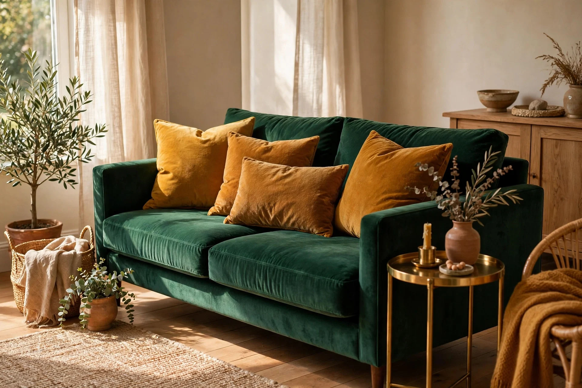Green velvet sofa with mustard yellow velvet cushions and brass table