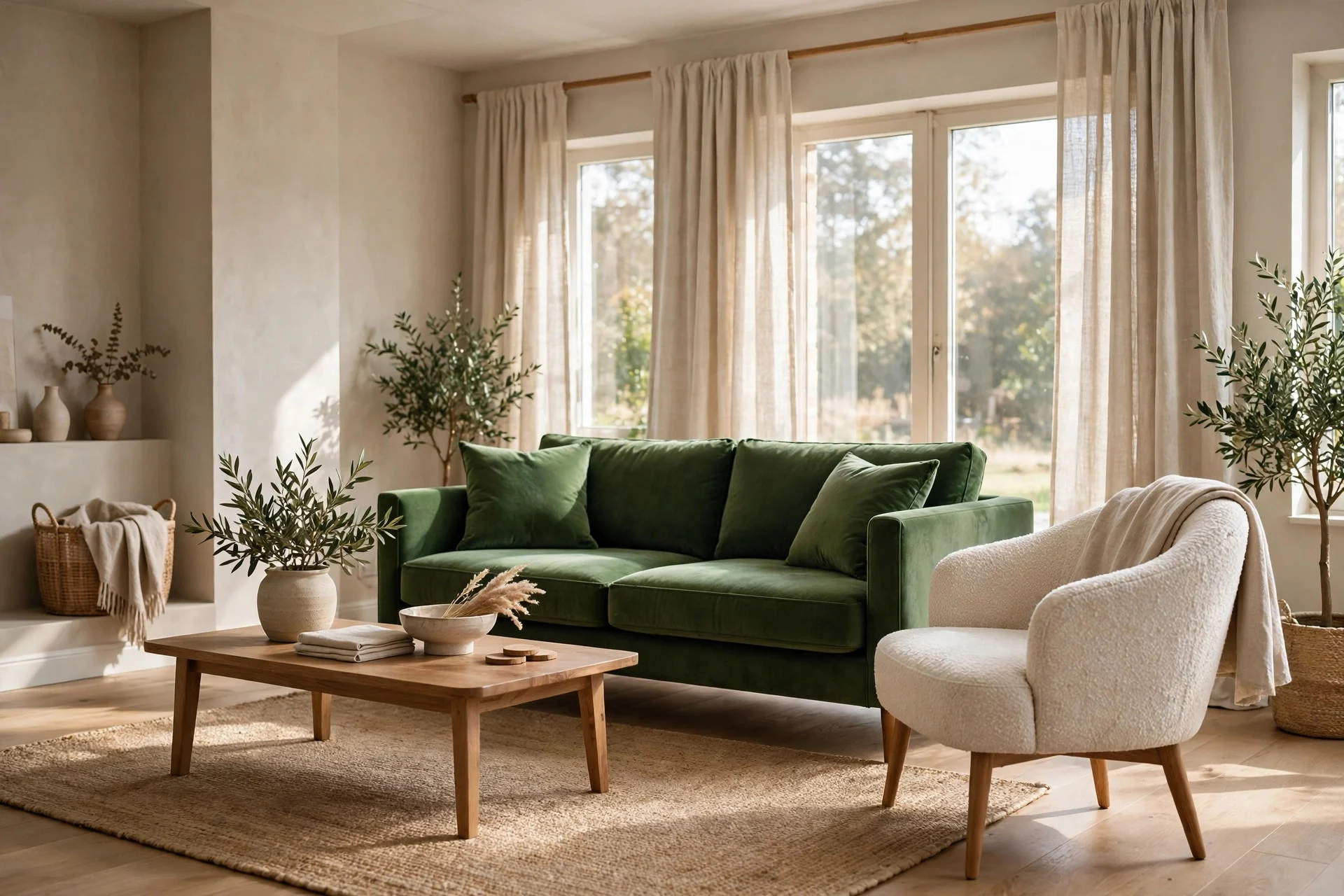 Green velvet sofa as the only color in a beige neutral living room