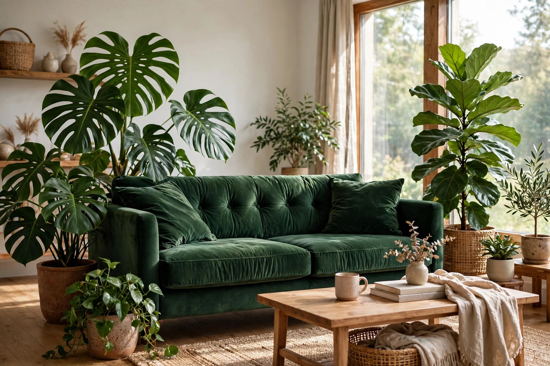 Green velvet sofa surrounded by large leafy indoor houseplants