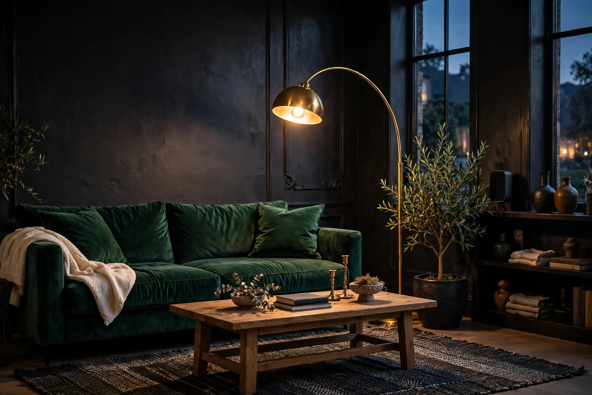 Emerald velvet sofa against dark charcoal walls with brass floor lamp
