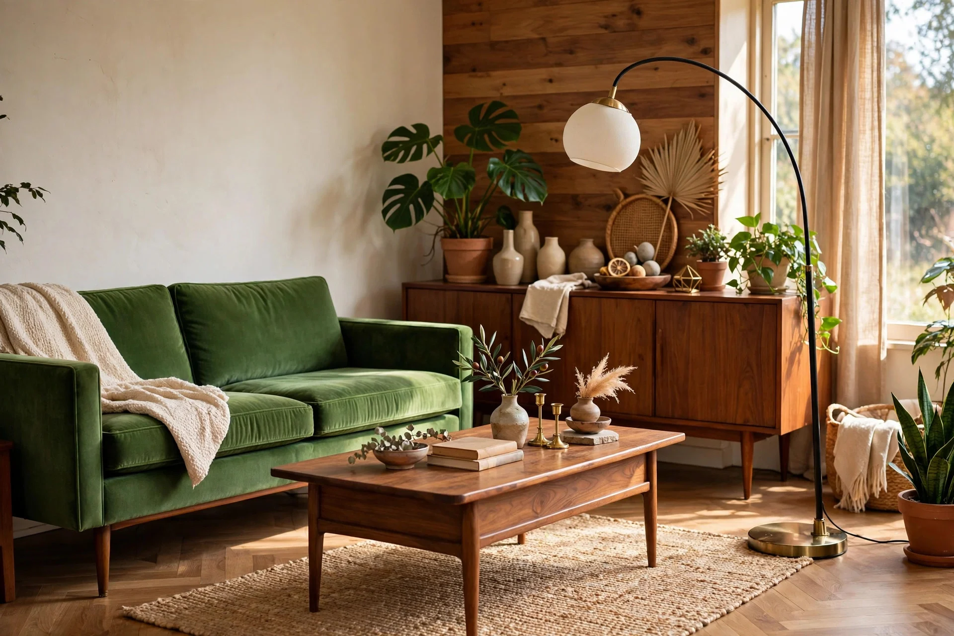 Green velvet sofa with walnut mid-century coffee table and arc lamp