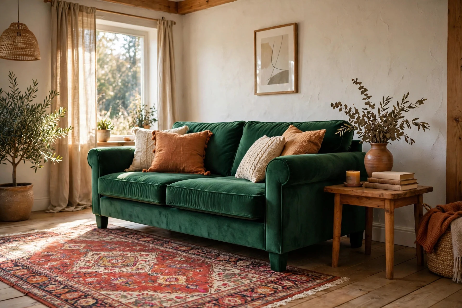 Green velvet sofa on a vintage Persian rug with warm red tones