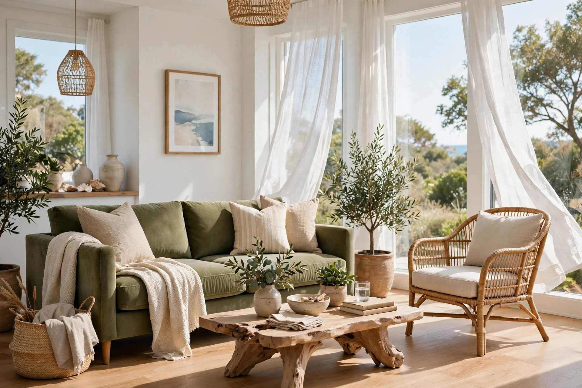 Soft olive velvet sofa in a bright white coastal living room