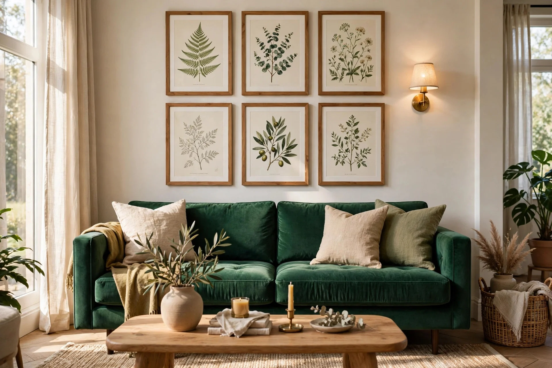 Green velvet sofa beneath a framed gallery wall of botanical art