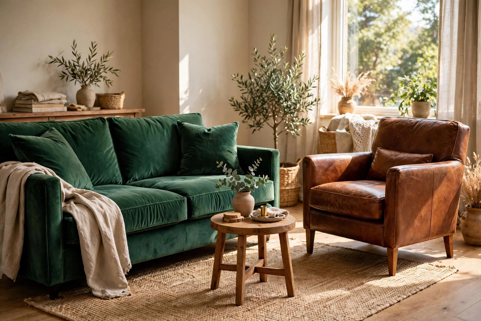 Emerald velvet sofa paired with a cognac brown leather armchair