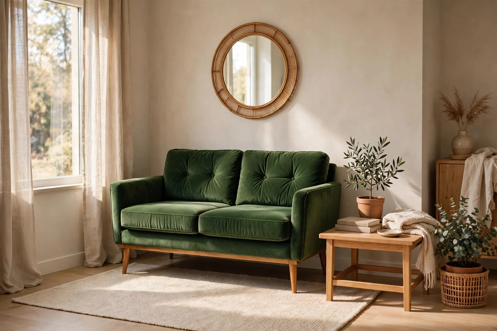 Green velvet loveseat in a small living room with round mirror