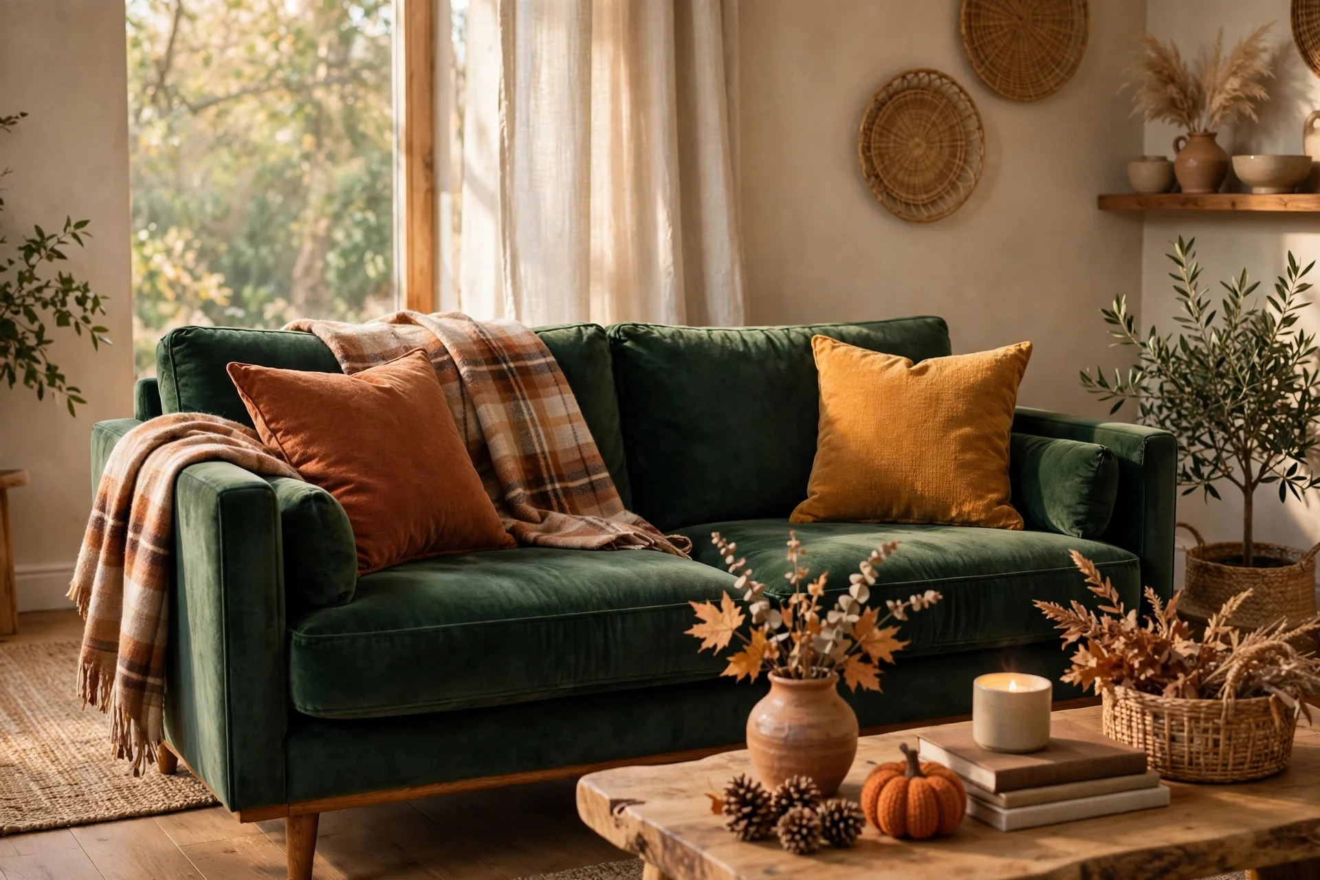 Green velvet sofa with plaid wool throw and autumn-toned pillows