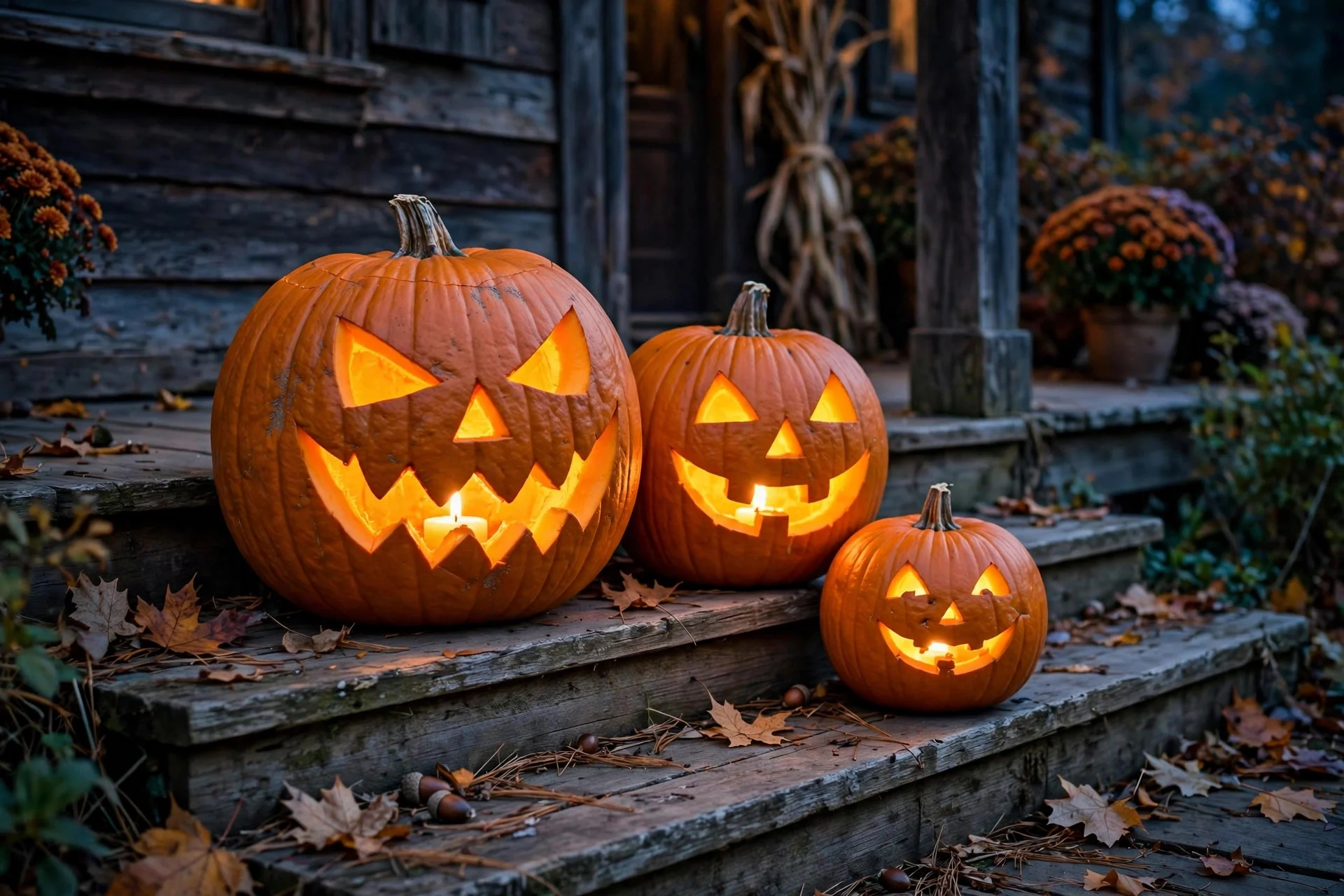 Three carved jack-o'-lanterns of different sizes glowing on porch steps at dusk