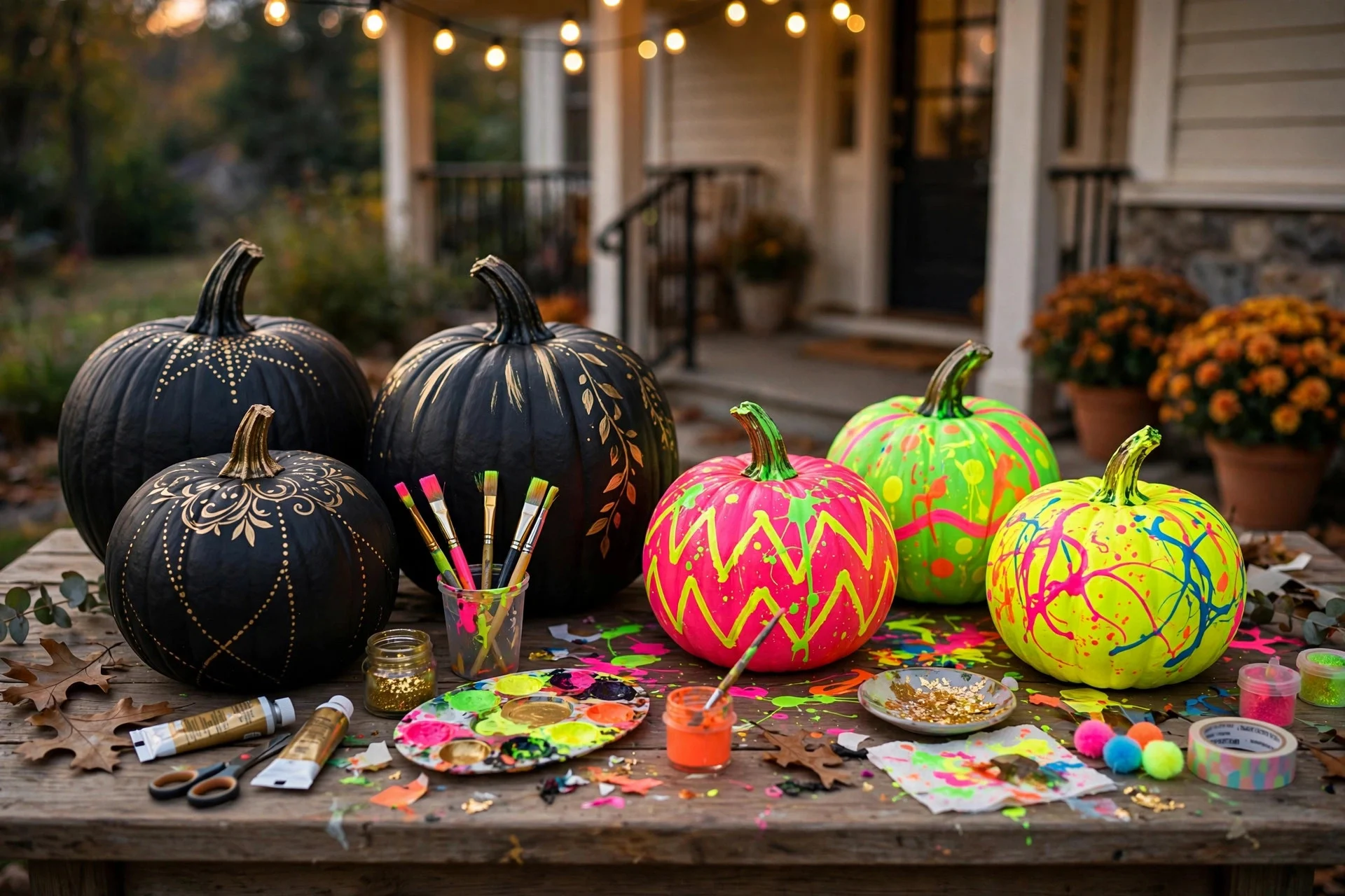 Painted pumpkins in matte black with gold details and neon colors on a porch table