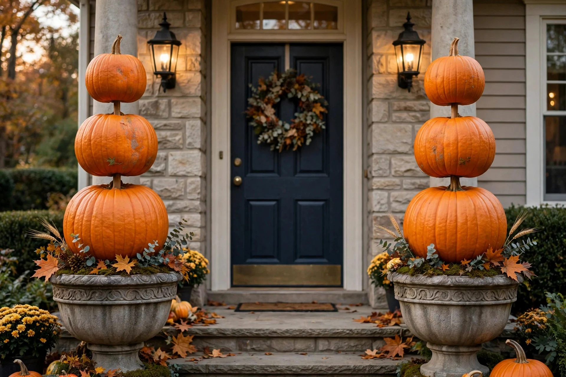 Two symmetrical stacked pumpkin topiaries in urns flanking a front door