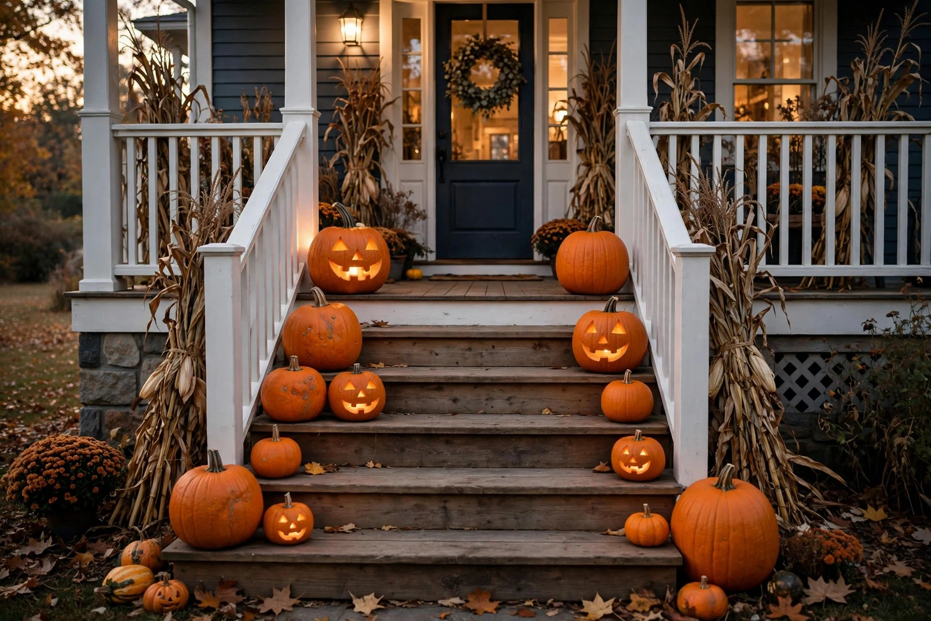 Porch staircase lined with pumpkins of descending sizes and corn stalks