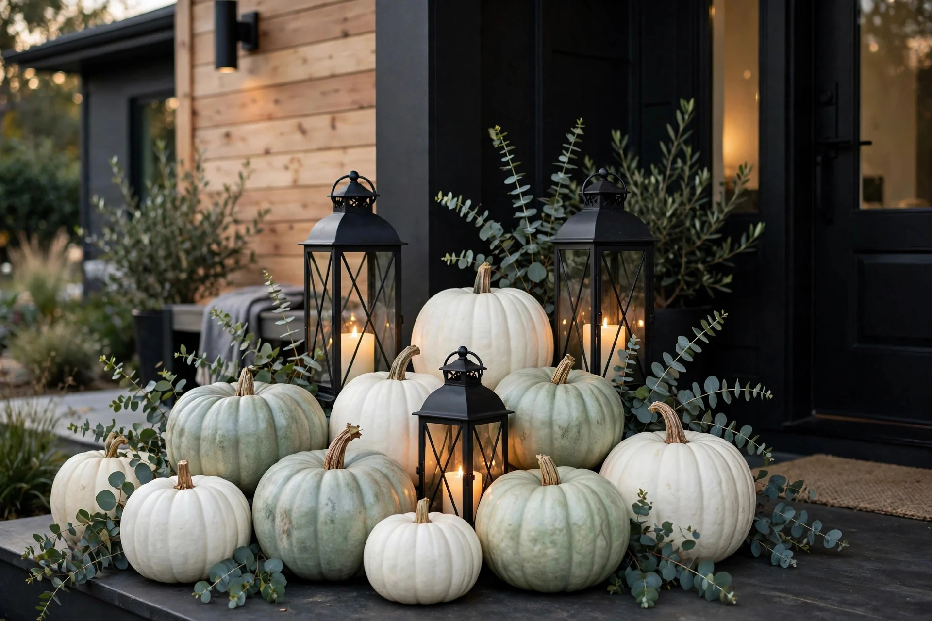 White and pale green pumpkins with black lanterns and eucalyptus on a modern porch