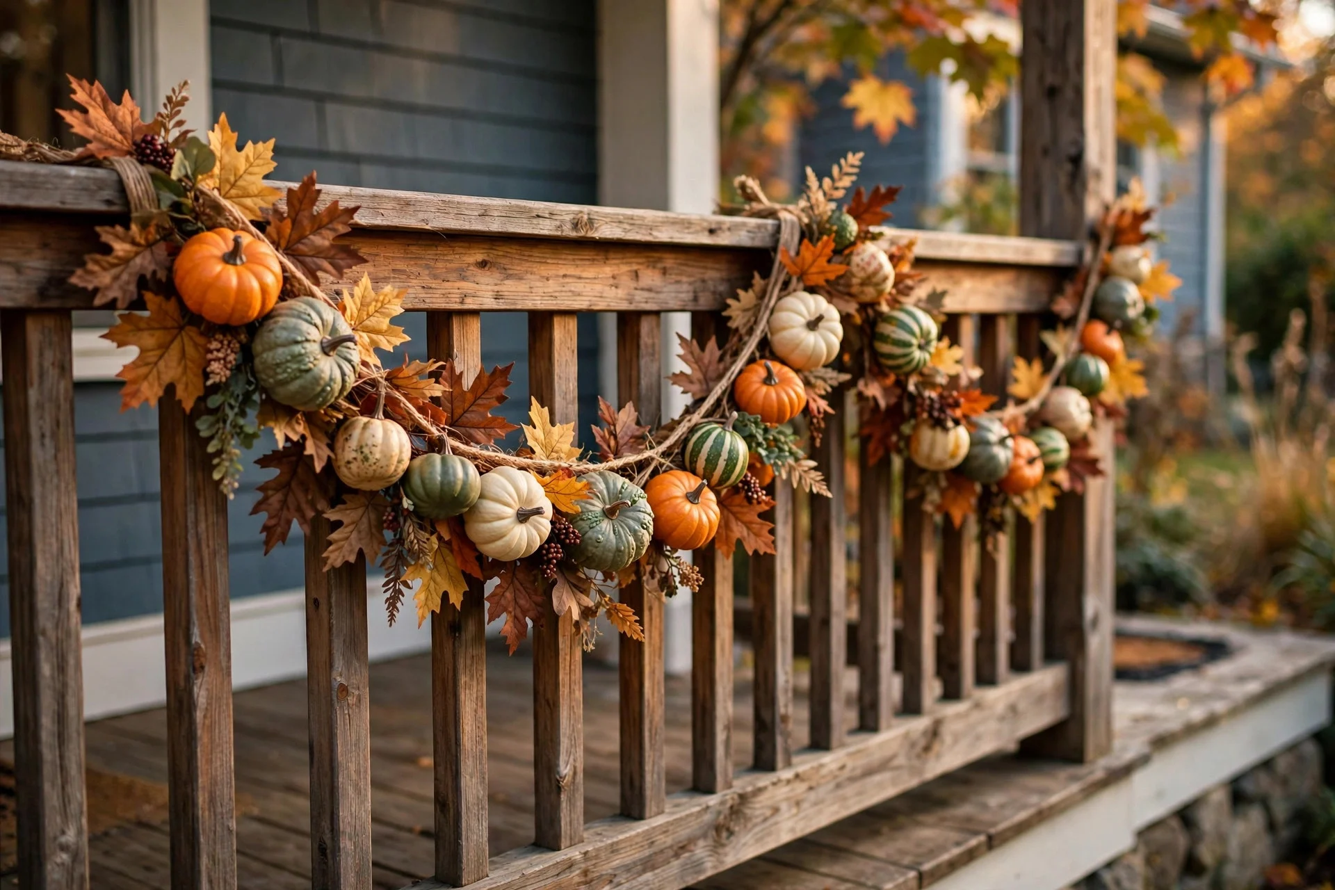 Mini pumpkin and gourd garland draped along a porch railing