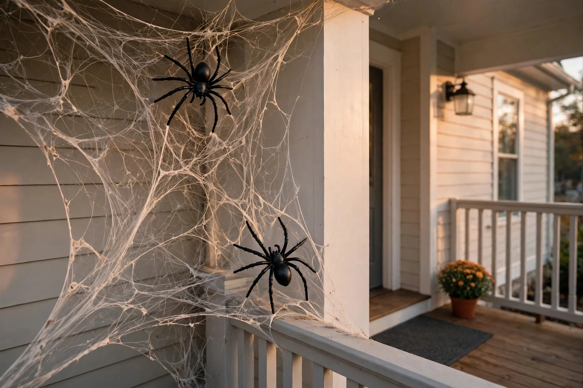 Dramatic spider web corner with large plastic spiders on a porch