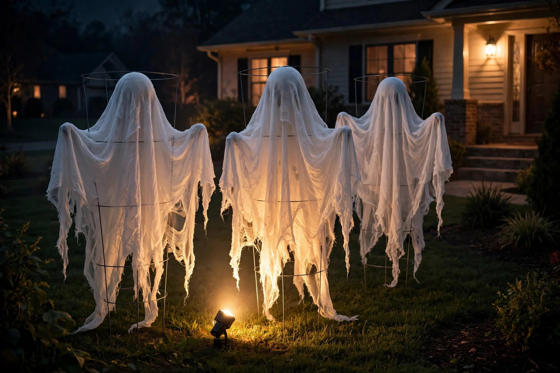 Glowing cheesecloth ghosts on a lawn at night