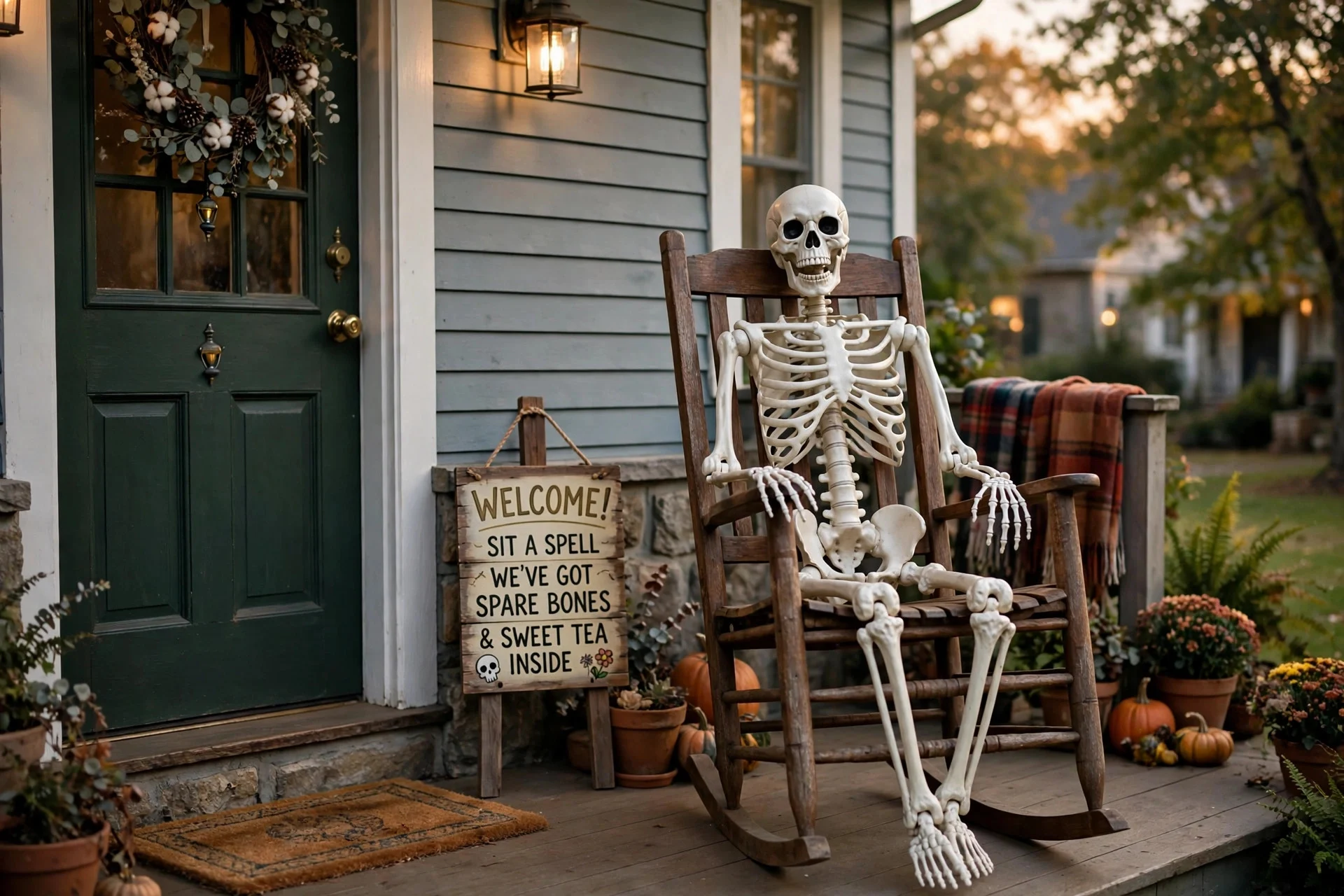 A plastic skeleton sitting in a rocking chair by a front door