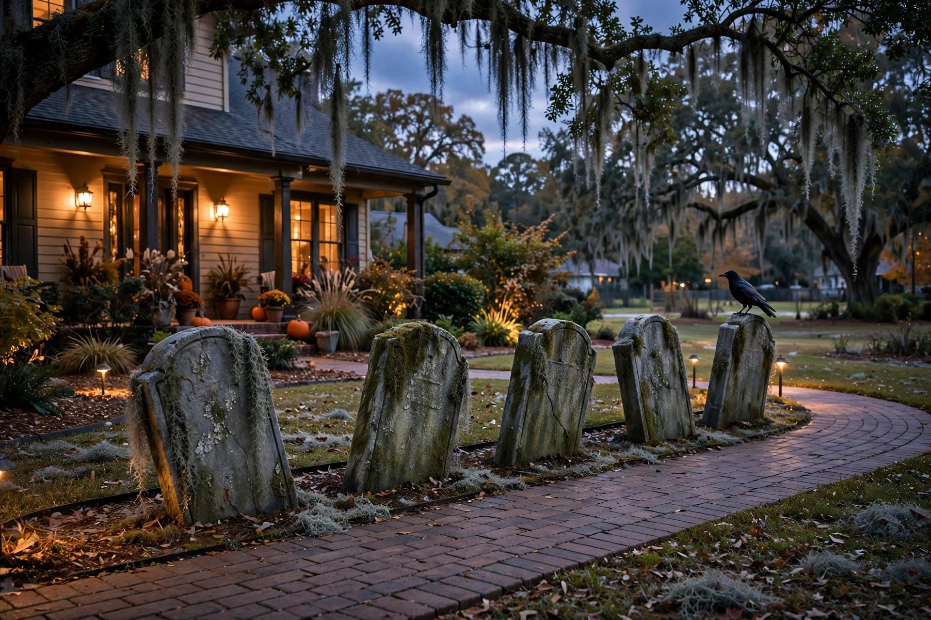 Tilted foam tombstones with moss along a front walkway at dusk