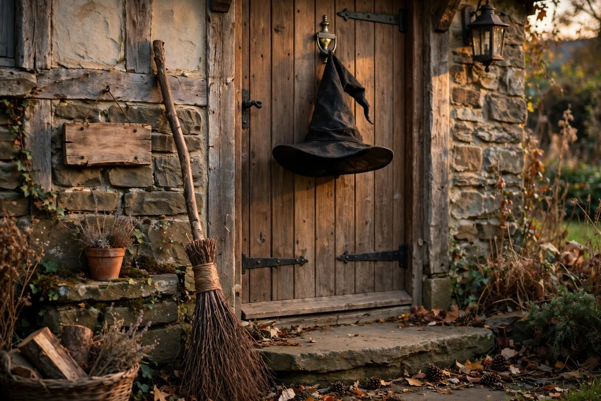 Witch broom leaning by a front door with a funny sign