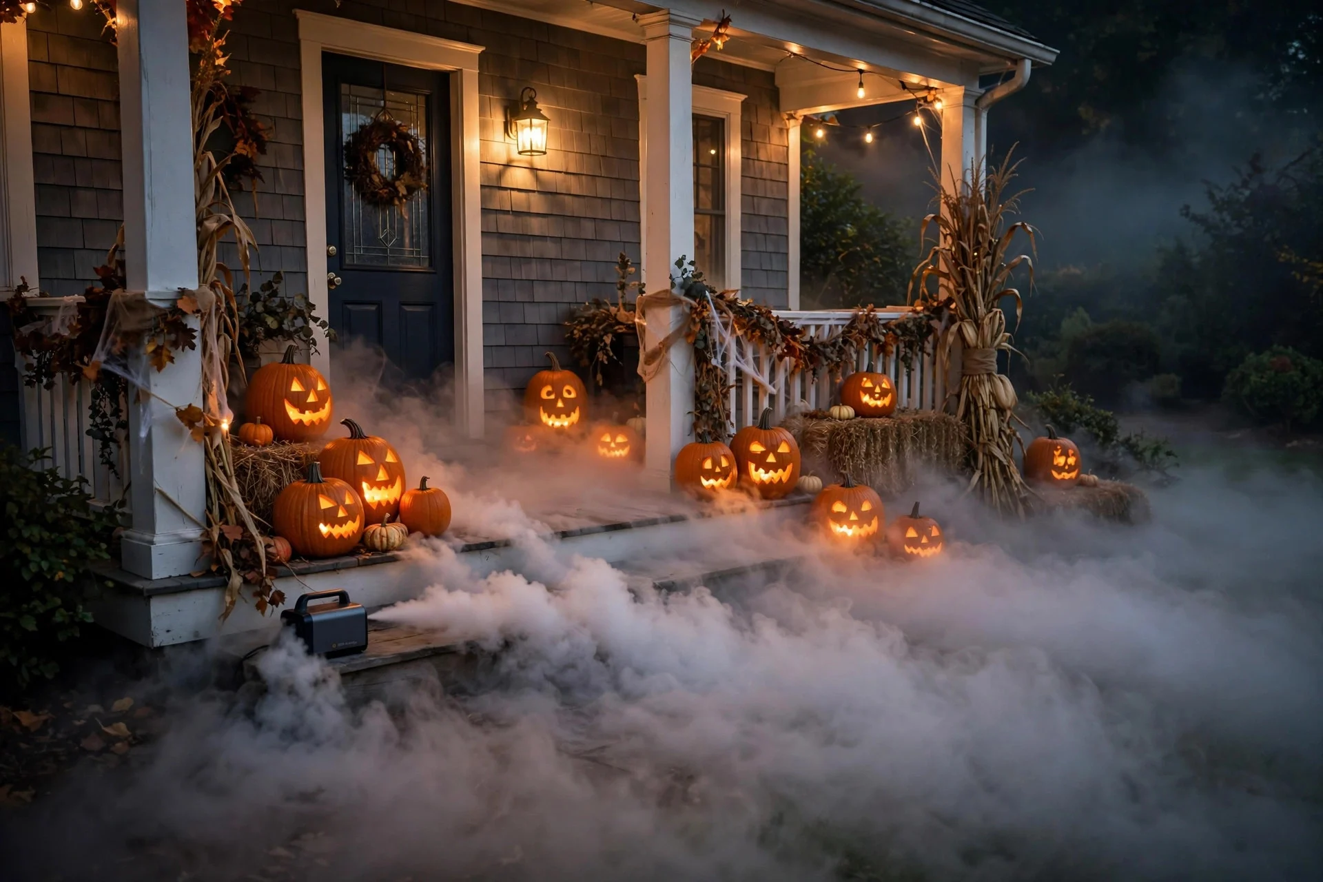 Ground fog rolling across a Halloween porch at night