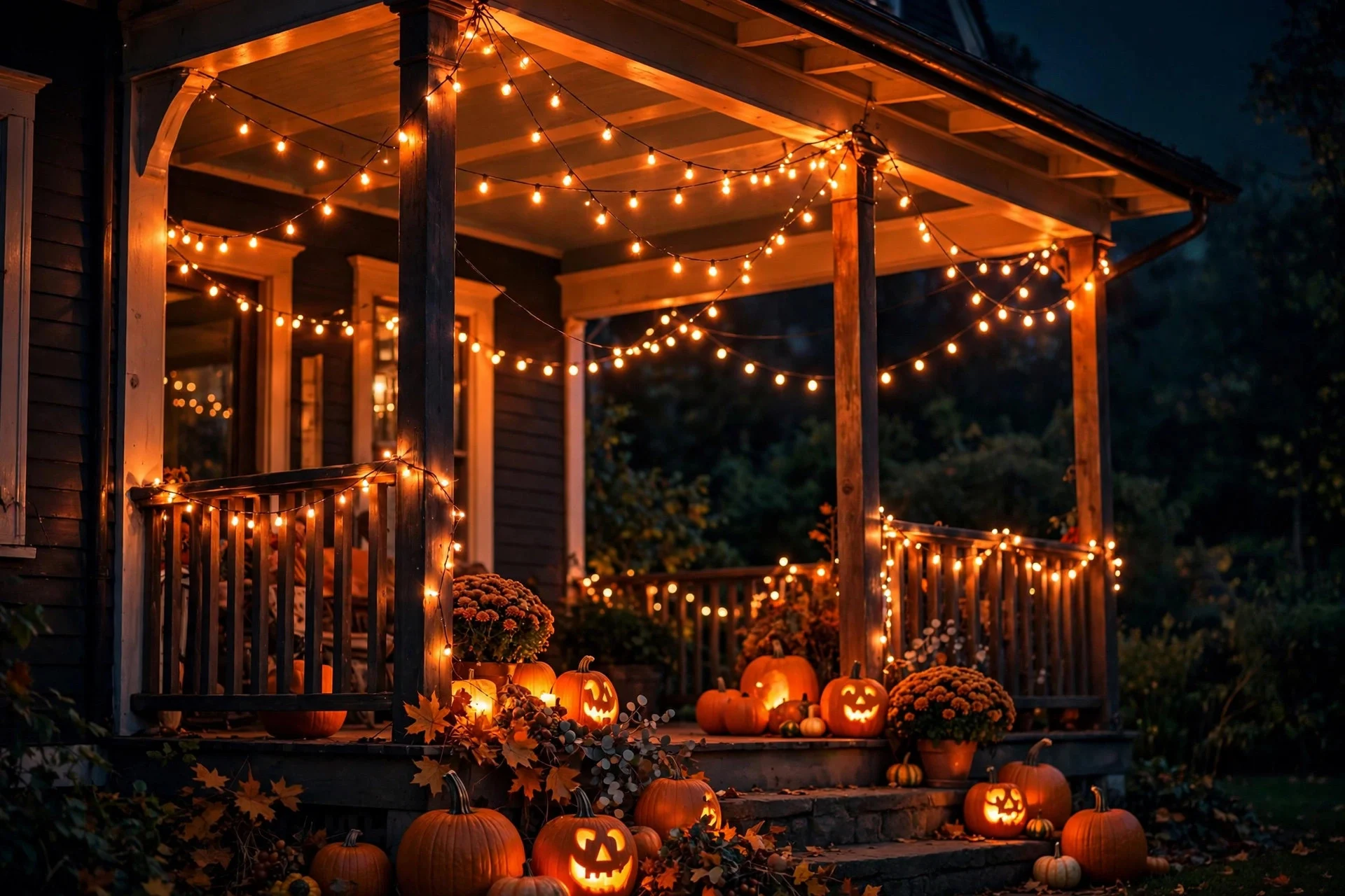 Orange string lights draped across a porch ceiling at night