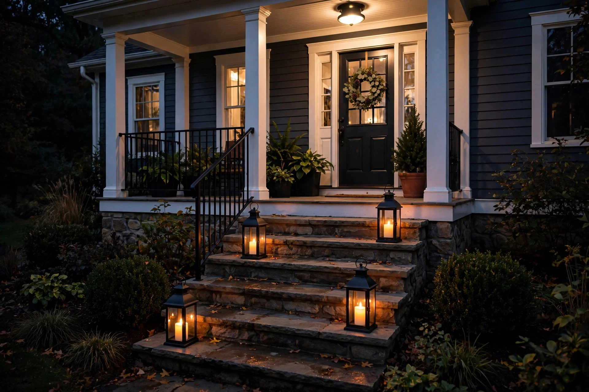 Black lanterns with LED candles on porch steps at night