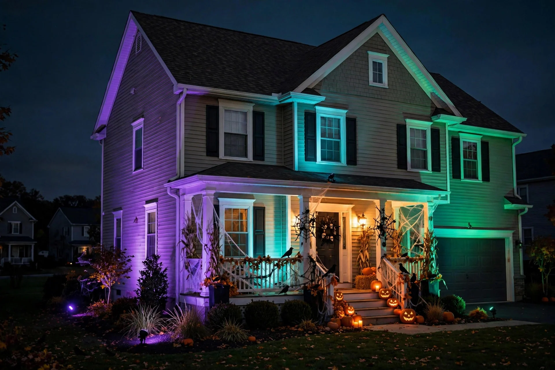 House facade lit in purple and green spotlights at night