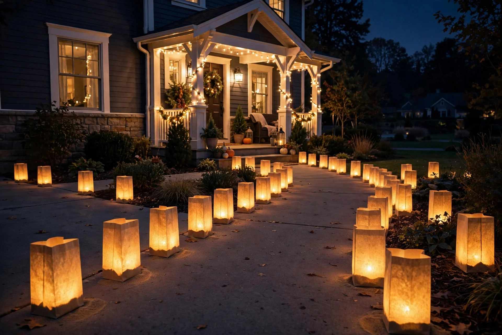 Paper luminaries lining a front walkway at night