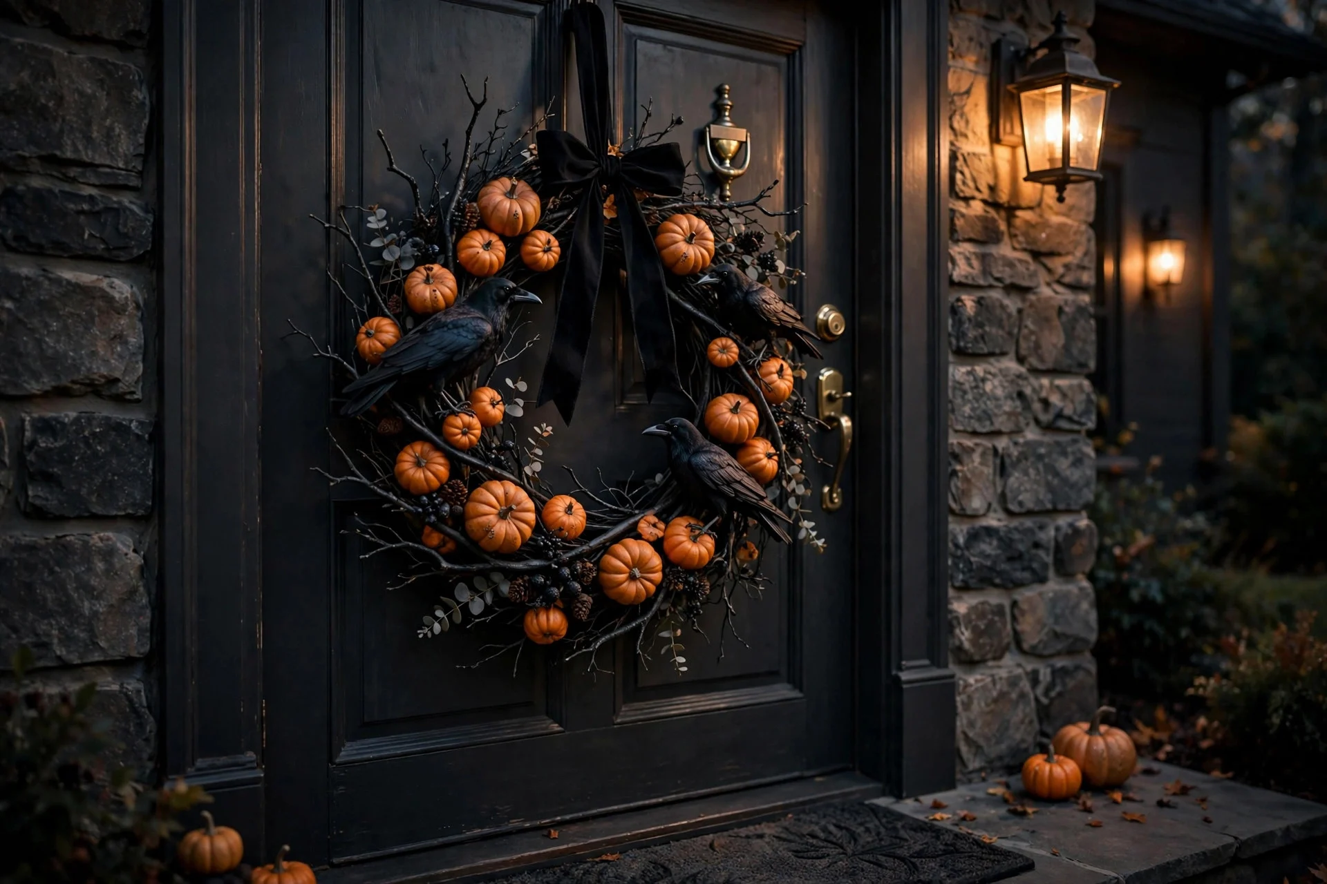 Halloween wreath of black branches and mini pumpkins on a dark front door