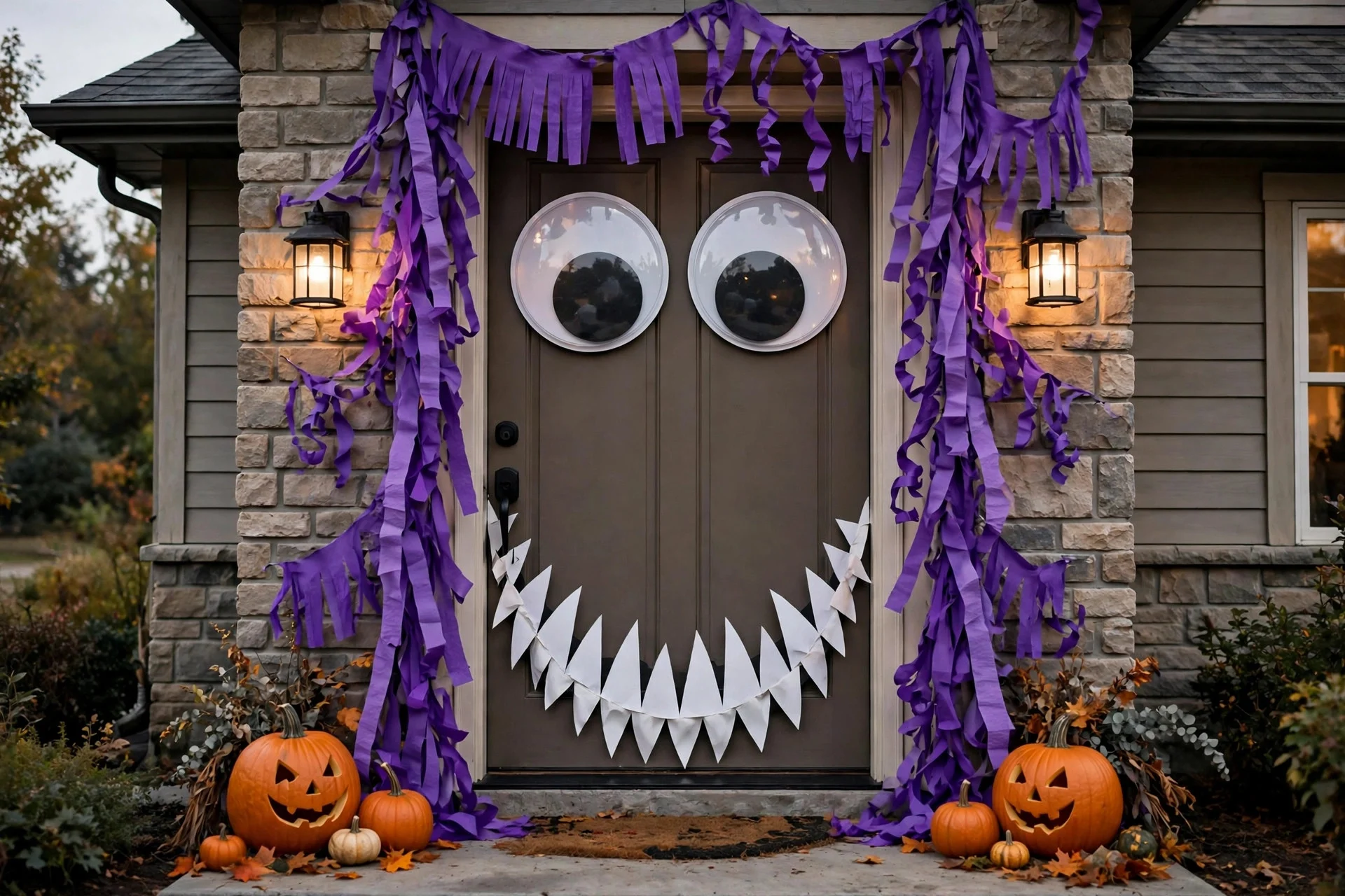 Front door decorated as a friendly monster with googly eyes