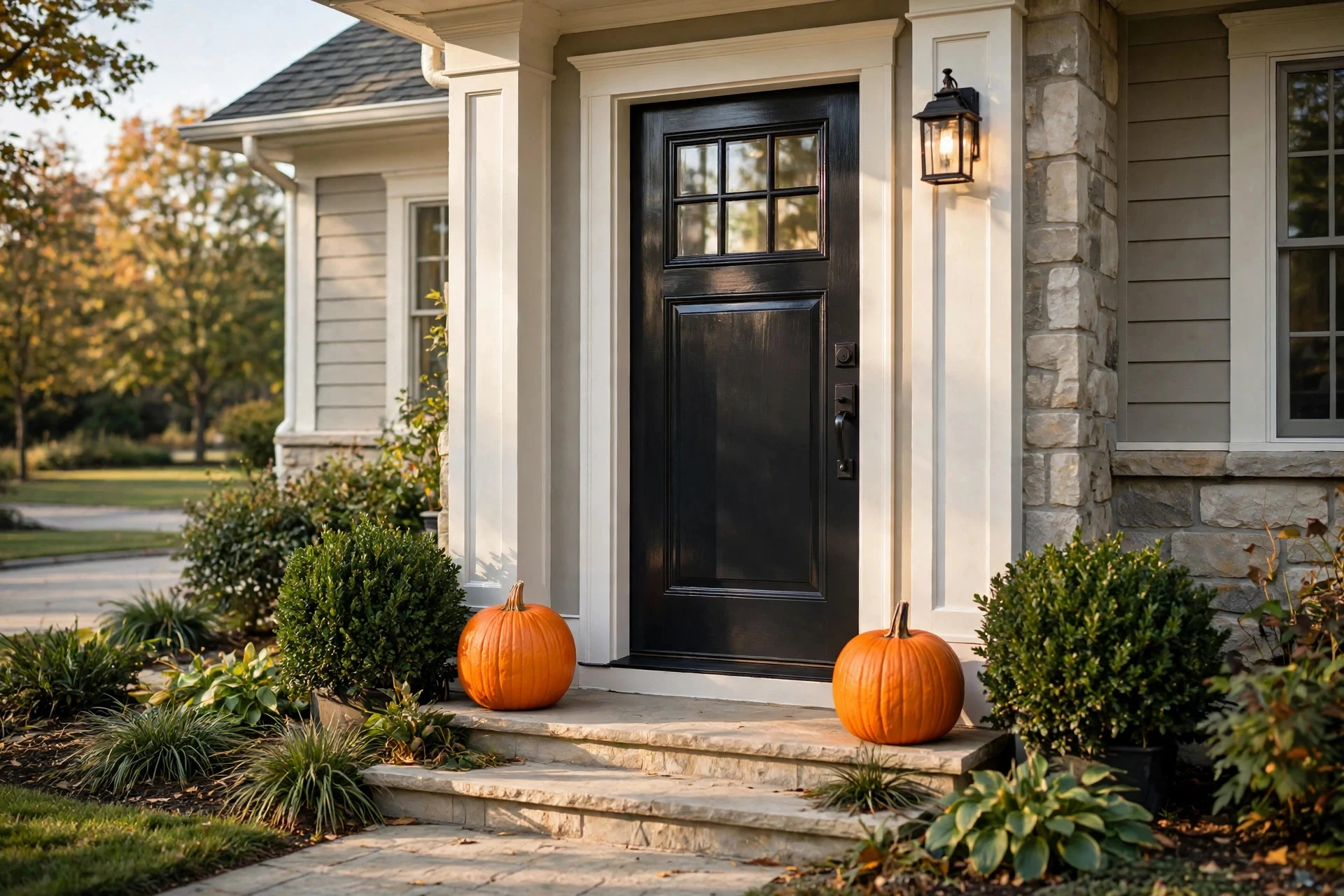 Freshly painted charcoal front door with orange pumpkins beside it