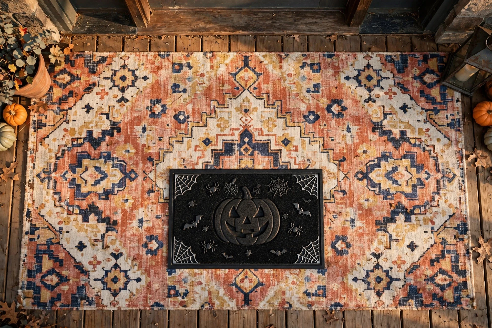 Layered outdoor rug under a Halloween doormat, top-down view