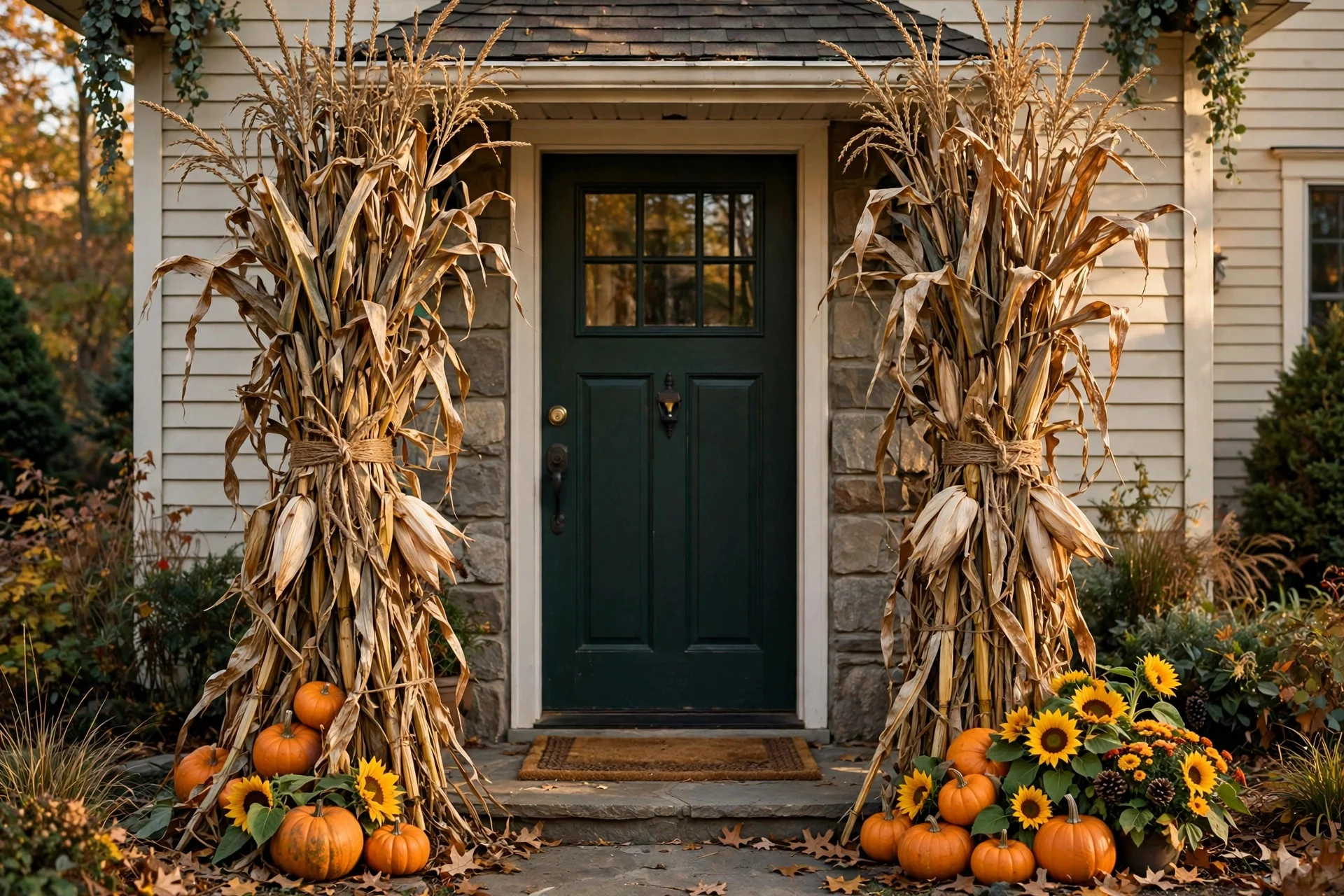 Corn stalks tied framing a front door with pumpkins