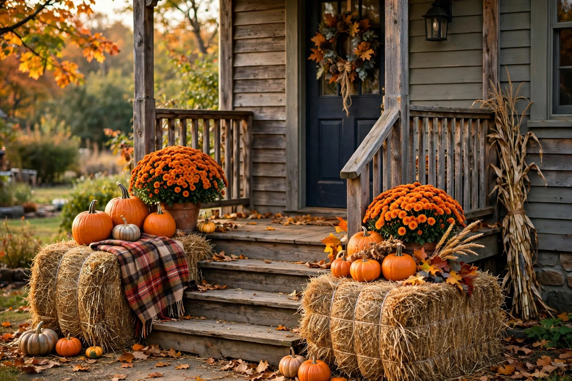 Hay bales with pumpkins and mums beside porch steps
