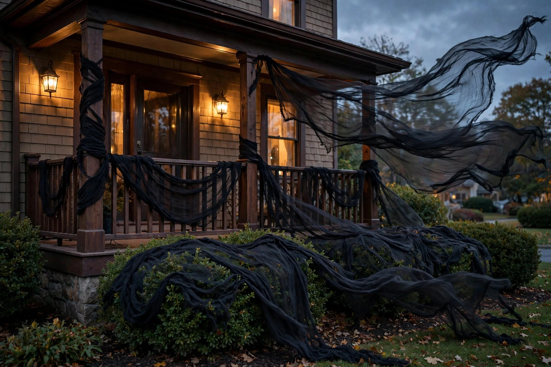 Black creepy cloth draped over porch bushes at dusk