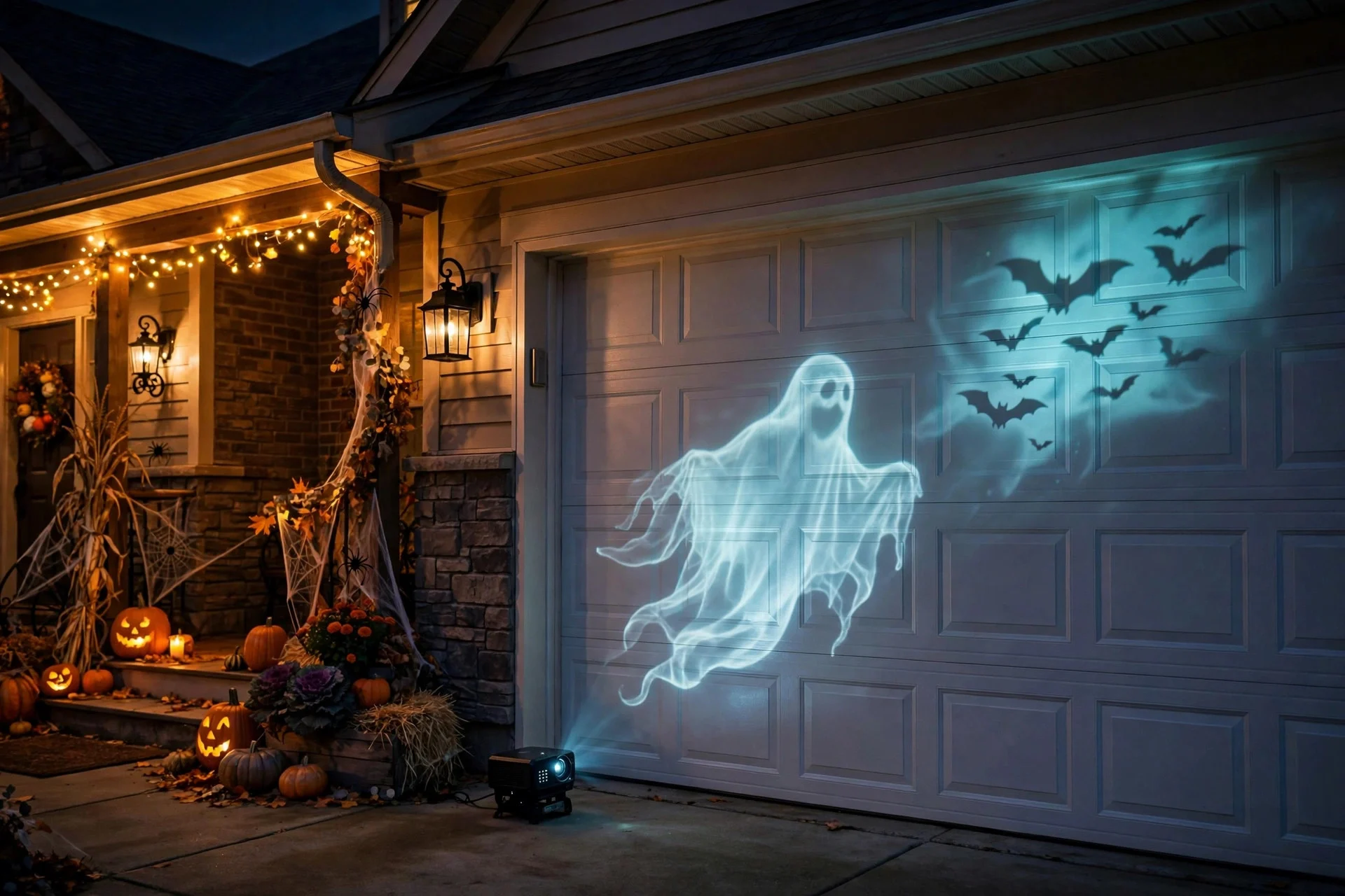 Ghost projections on a garage door above a decorated porch
