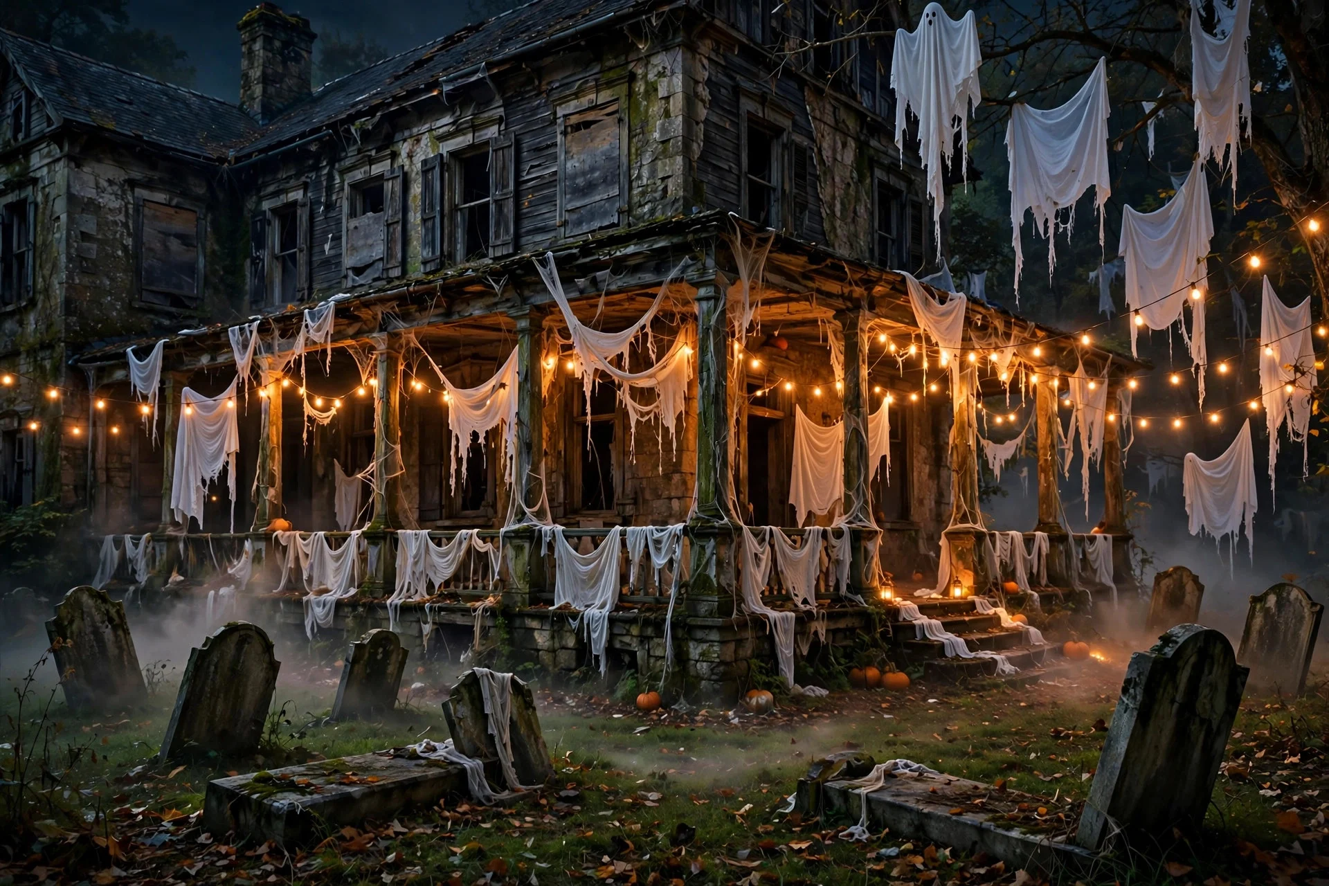 Full abandoned manor porch with ghosts, tombstones and lights at night