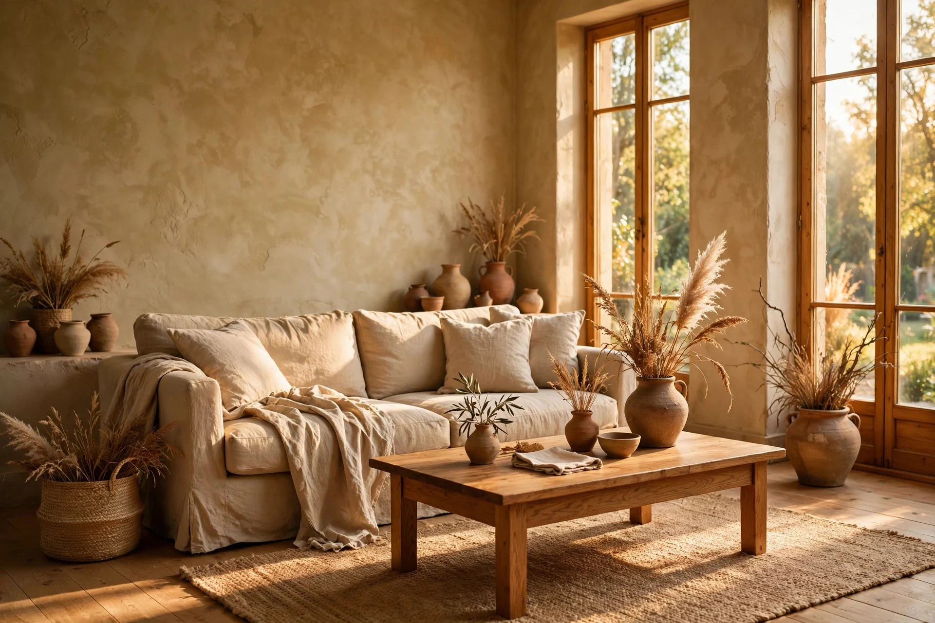 Earthy living room with sandy beige limewash walls and oak furniture