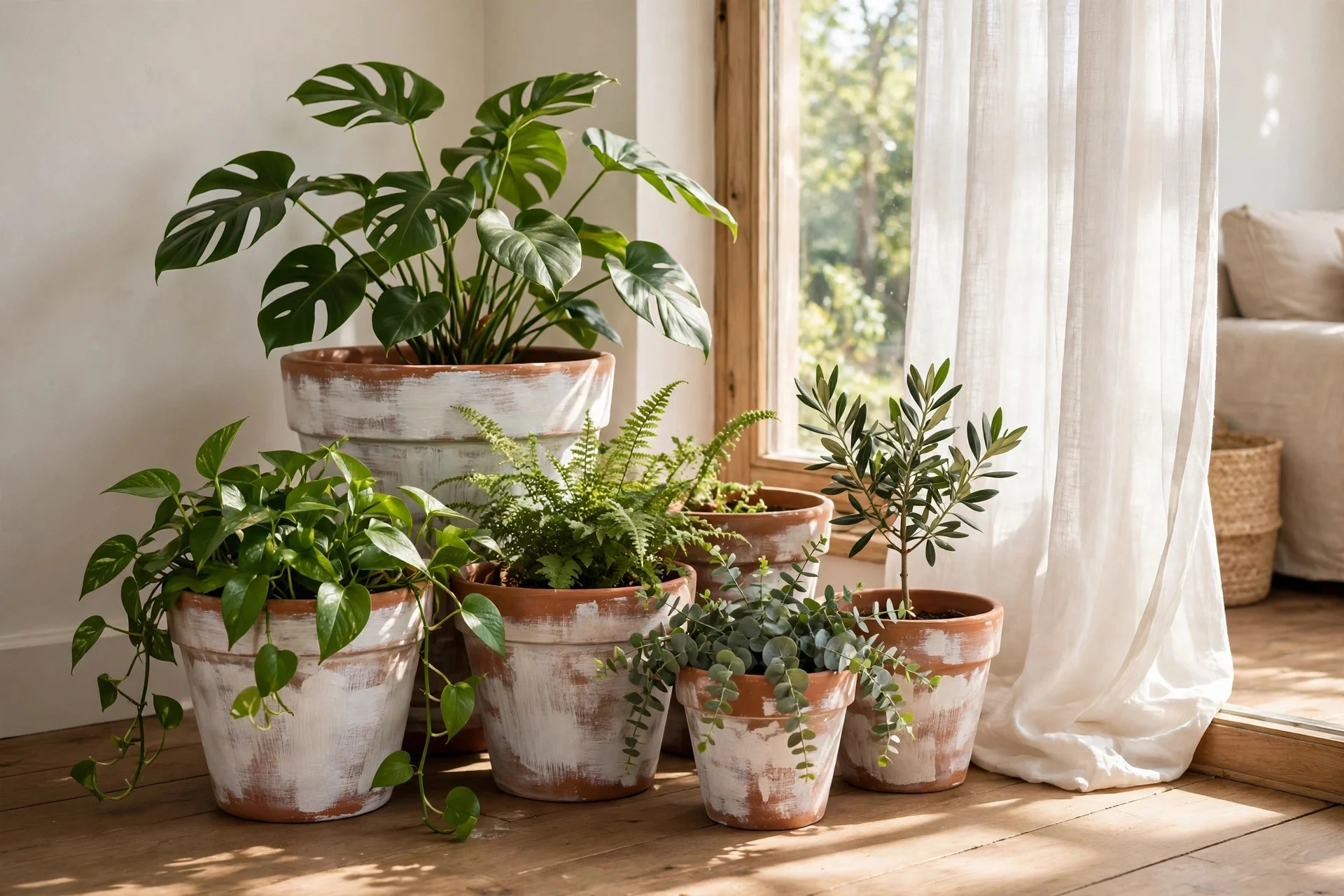 Clay planters brushed with limewash beside a living room window